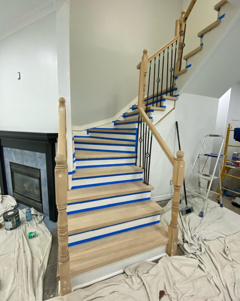 Wood Staining Services Ottawa,painting services ottawa Worn interior stairs in an Ottawa home being sanded down before professional painting services and staining.