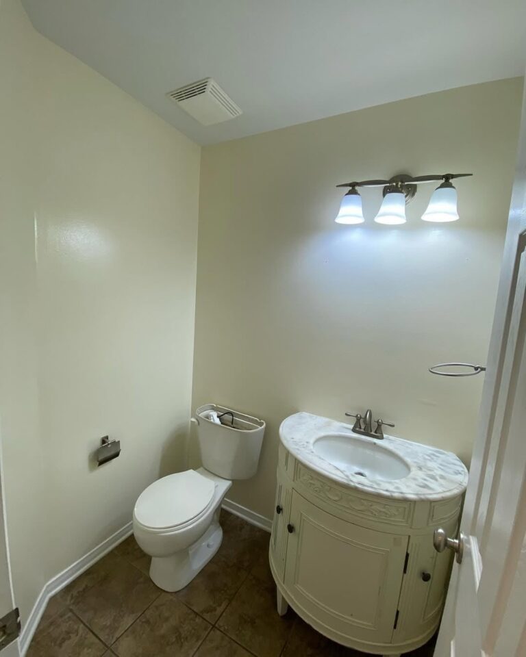 Narrow bathroom layout painted in a modern grey color by Silver Hawk Painting.